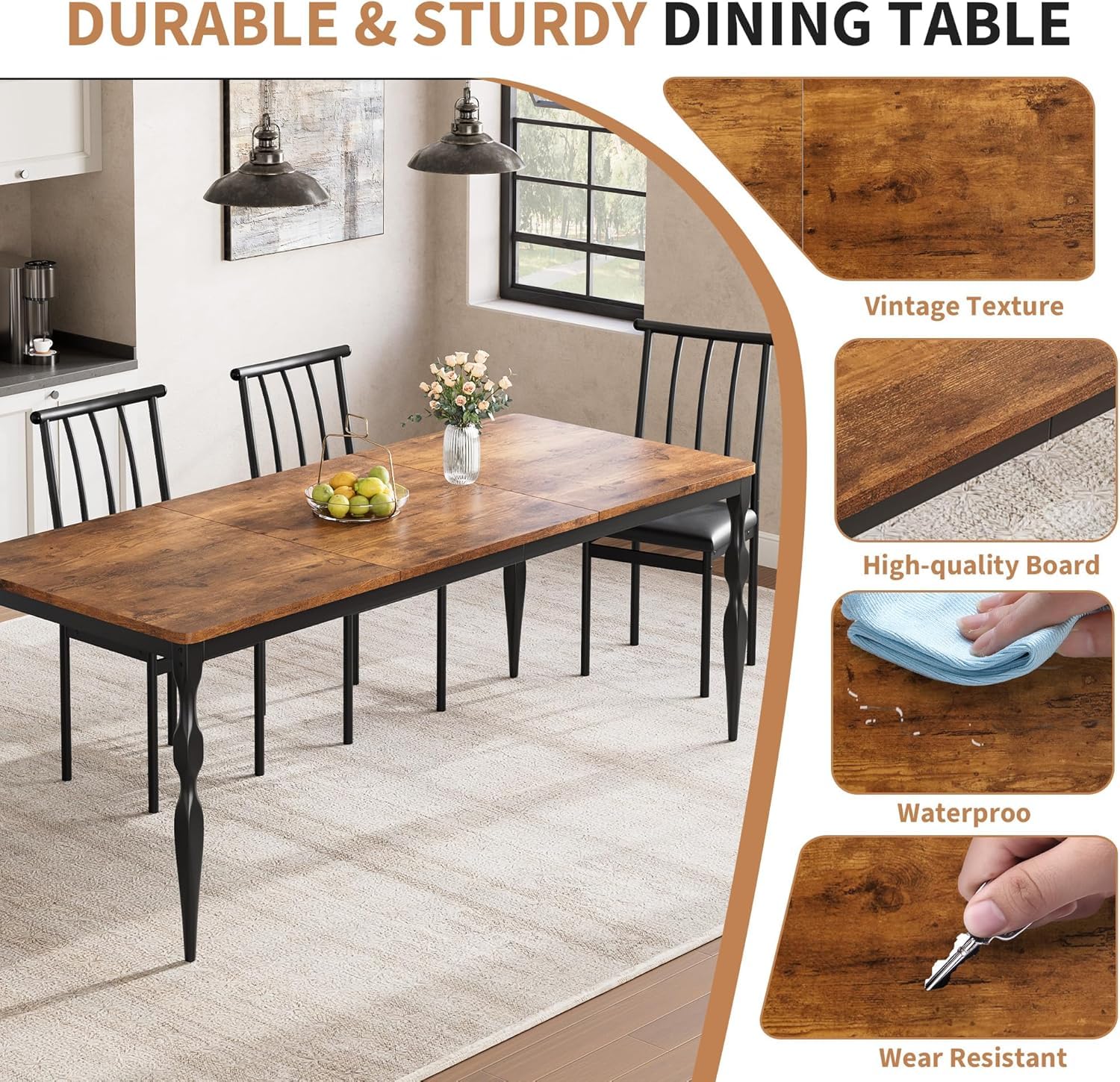 Table de salle à manger Garvee style ferme 180 cm, rectangulaire, robuste, en bois avec pieds en métal, pour la cuisine et la salle à manger, 6 à 8 couverts, résistante aux rayures, stable, en bois naturel