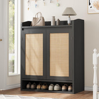 Garvee meuble à chaussures en rotin avec 2 portes, étagères réglables, 5 niveaux, MDF, noir, pour entrée et salon