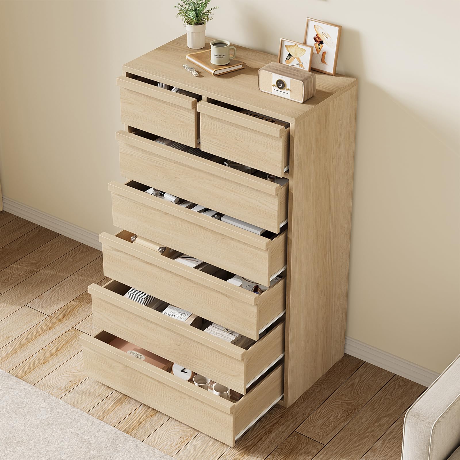 Commode Garvee à 7 tiroirs, chêne naturel, pour chambre à coucher, hauteur 117 cm, robuste, design moderne