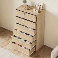 Commode Garvee à 7 tiroirs, chêne naturel, pour chambre à coucher, hauteur 117 cm, robuste, design moderne