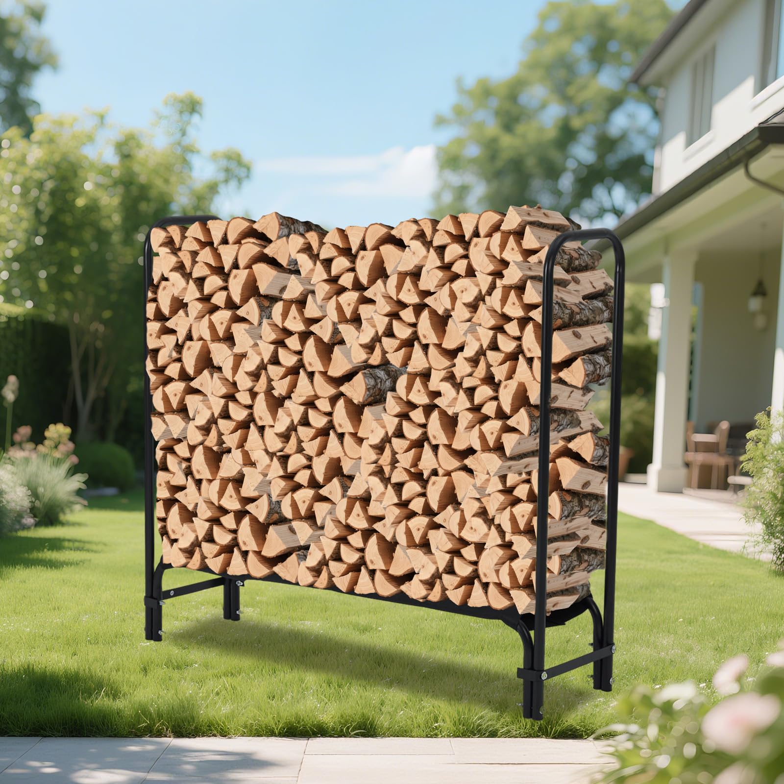 Support à bûches Garvee de 1,2 m (4 pi) pour jardin et terrasse, robuste, capacité de charge de 907 kg (2 000 lb), en acier inoxydable noir