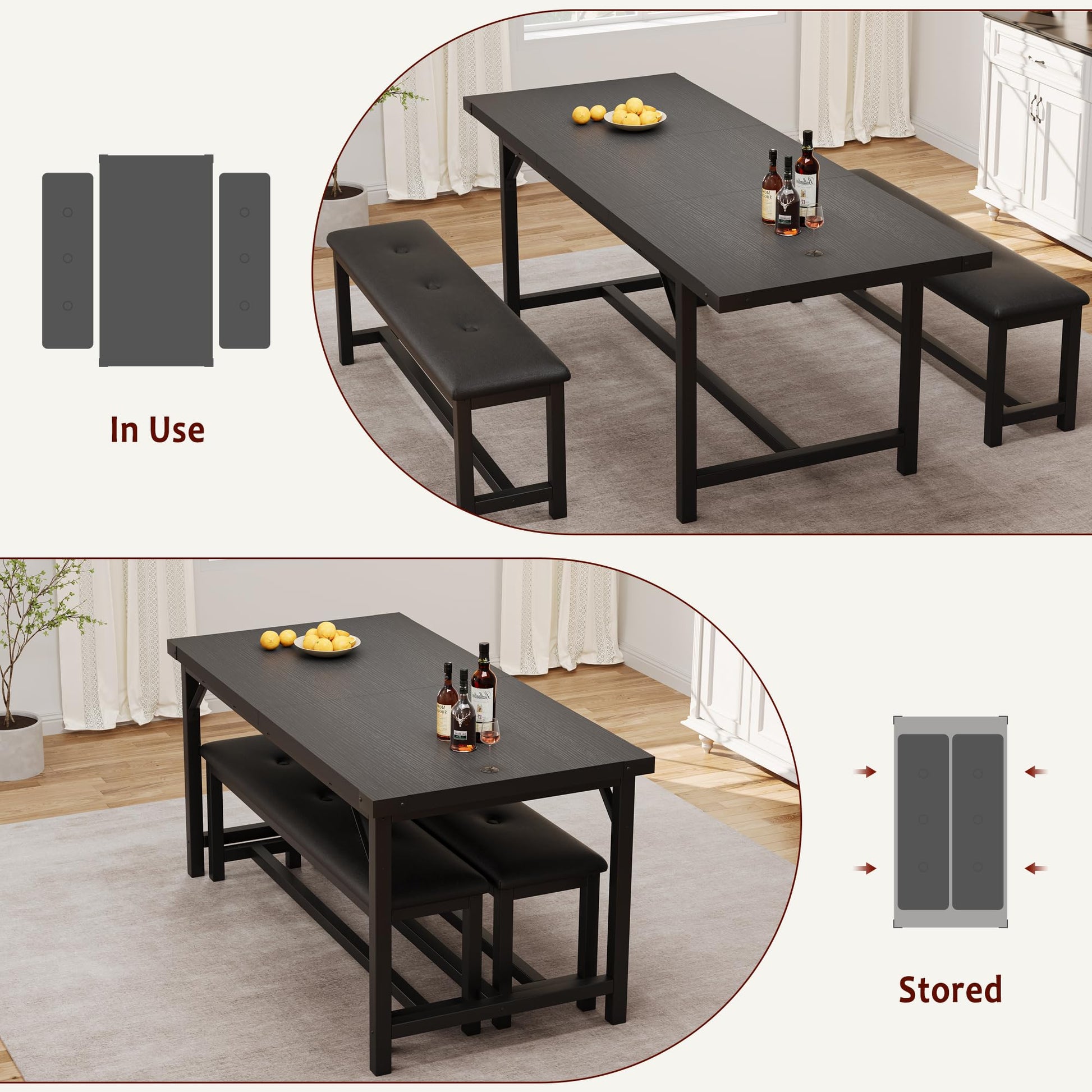 Ensemble table et chaises extensibles Garvee pour 4 à 6 personnes, 160 cm, bois, noir rétro, gain de place, stable, facile à assembler