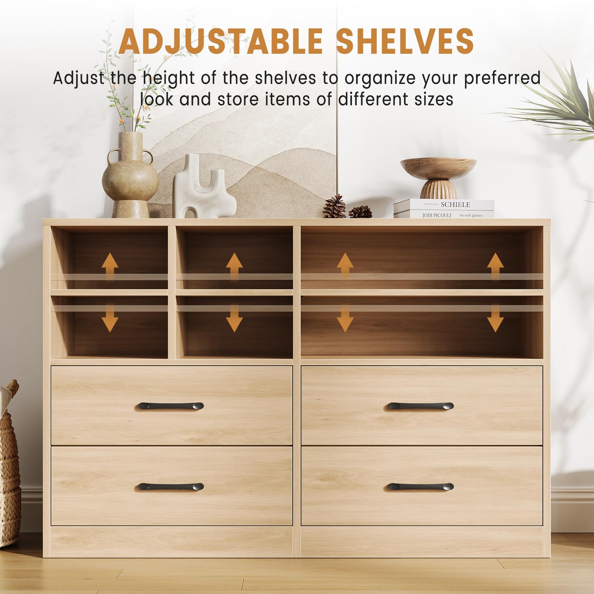 Garvee commode à 4 tiroirs avec 6 compartiments ouverts, étagères réglables, MDF, meuble TV moderne pour la chambre et le salon, chêne, 120 cm (L) × 81 cm (H)