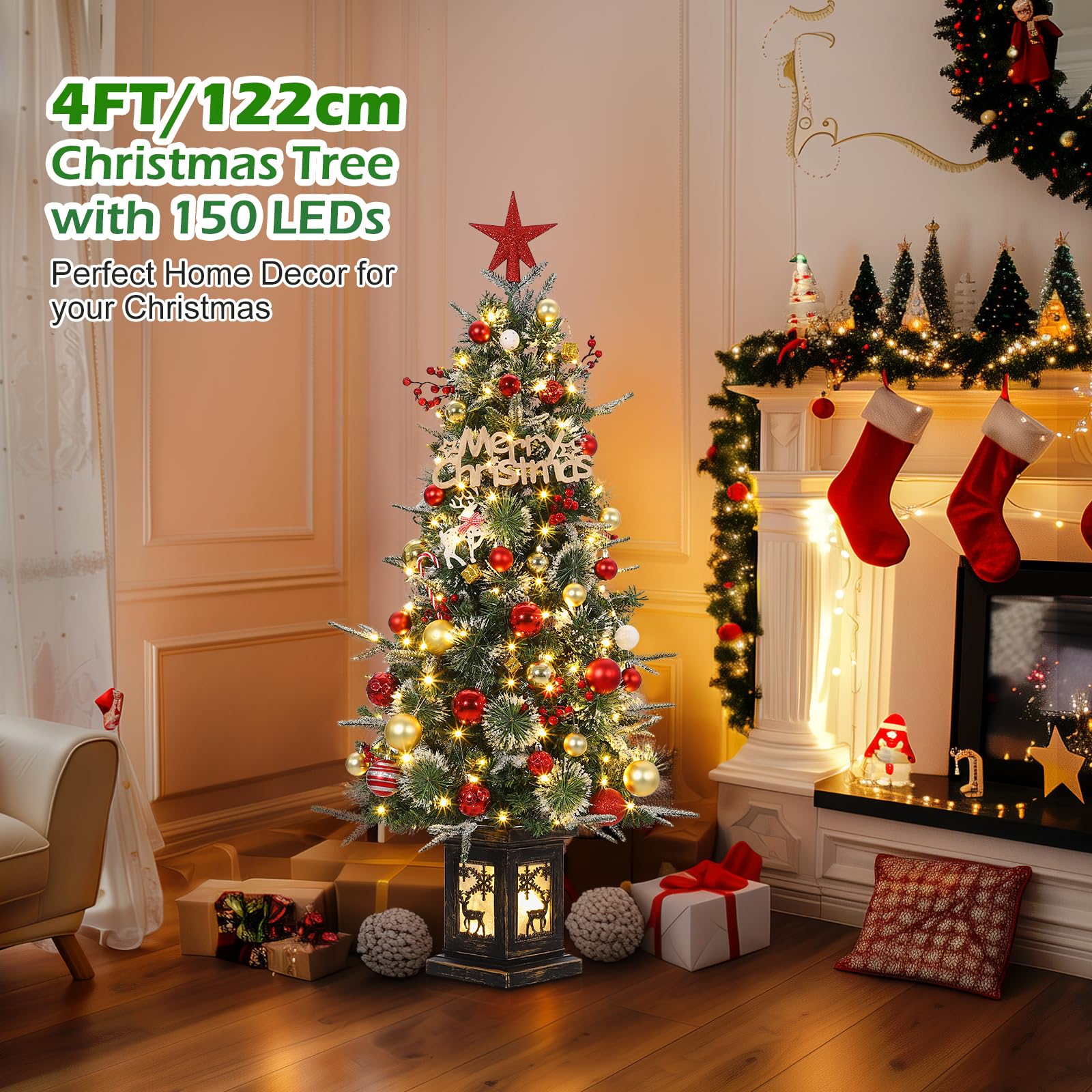 Sapin de Noël artificiel Garvee 125 cm avec éclairage LED et socle renne - Décoration de Noël festive