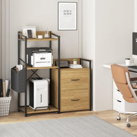 Support d'imprimante industriel Garvee à 3 niveaux avec tiroirs, éclairage LED et fonction de chargement pour une organisation optimale au bureau. Construction robuste en bois massif offrant un grand espace de rangement.