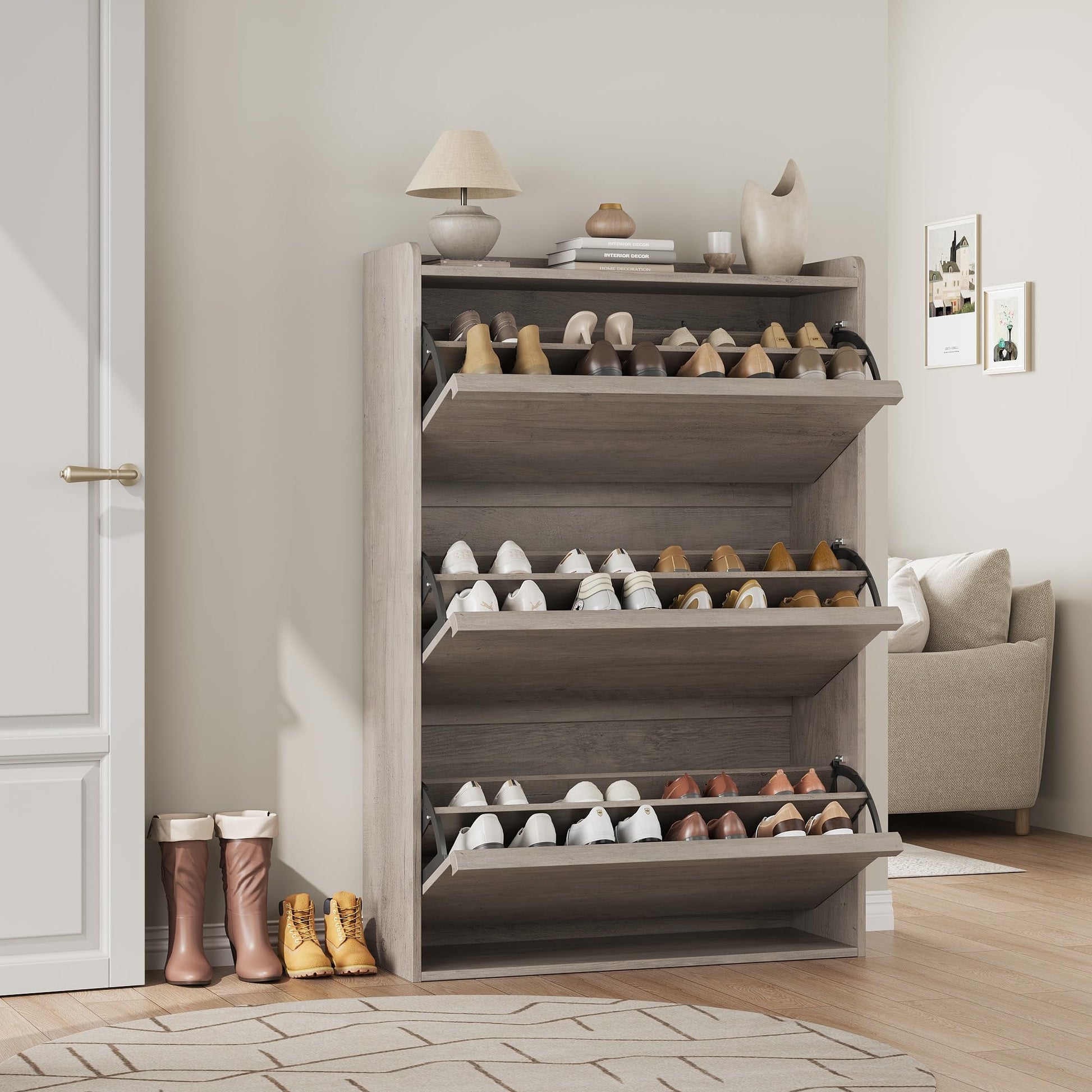 Meuble à chaussures Garvee avec 3 compartiments pliables, étagère réglable, bois MDF, pour entrée et salon, gris, gain de place, robuste