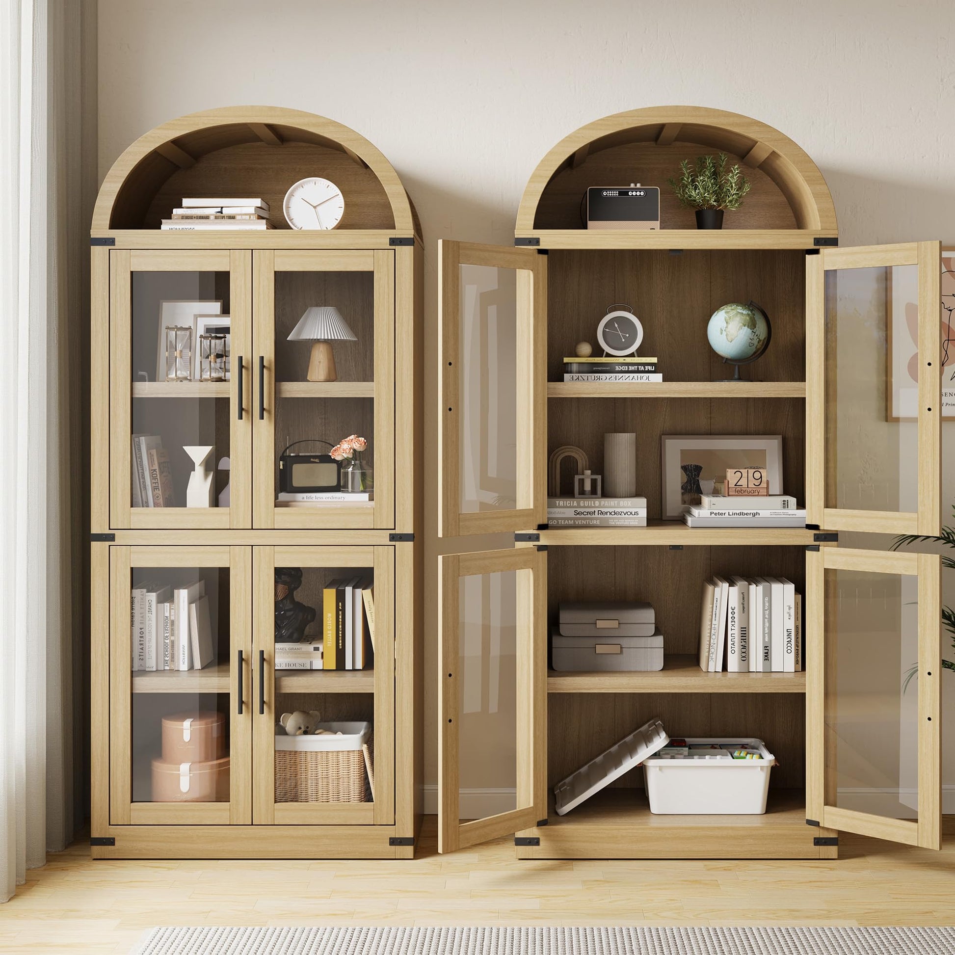 Garvee Bibliothèque Arquée avec Portes en Verre, Armoire de Rangement Style Campagne en MDF, 181,2 cm, pour Salon et Bureau