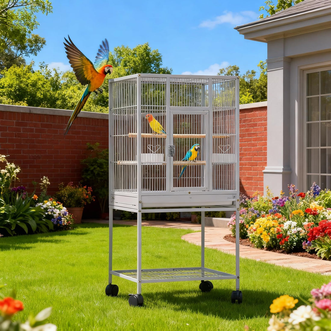 Cage à oiseaux en métal Garvee de 104 cm (41 pouces) pour perruches ondulées, avec perchoirs en bois et support à roulettes, blanche, pour la maison