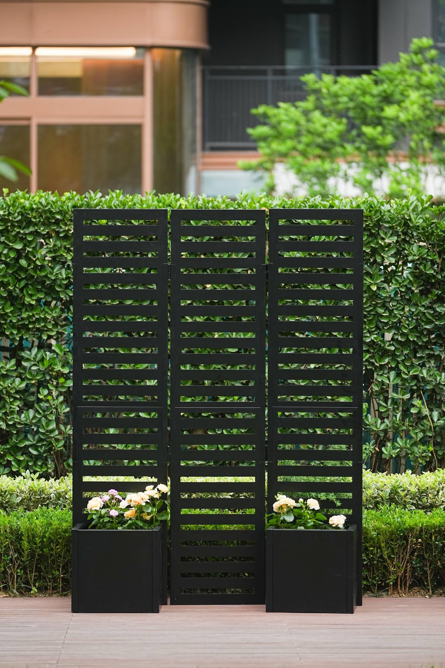 Paravent métallique Garvee avec jardinière, clôture de jardin en 3 parties pour terrasse et jardin, robuste, pliable, auto-drainante, cadre en métal