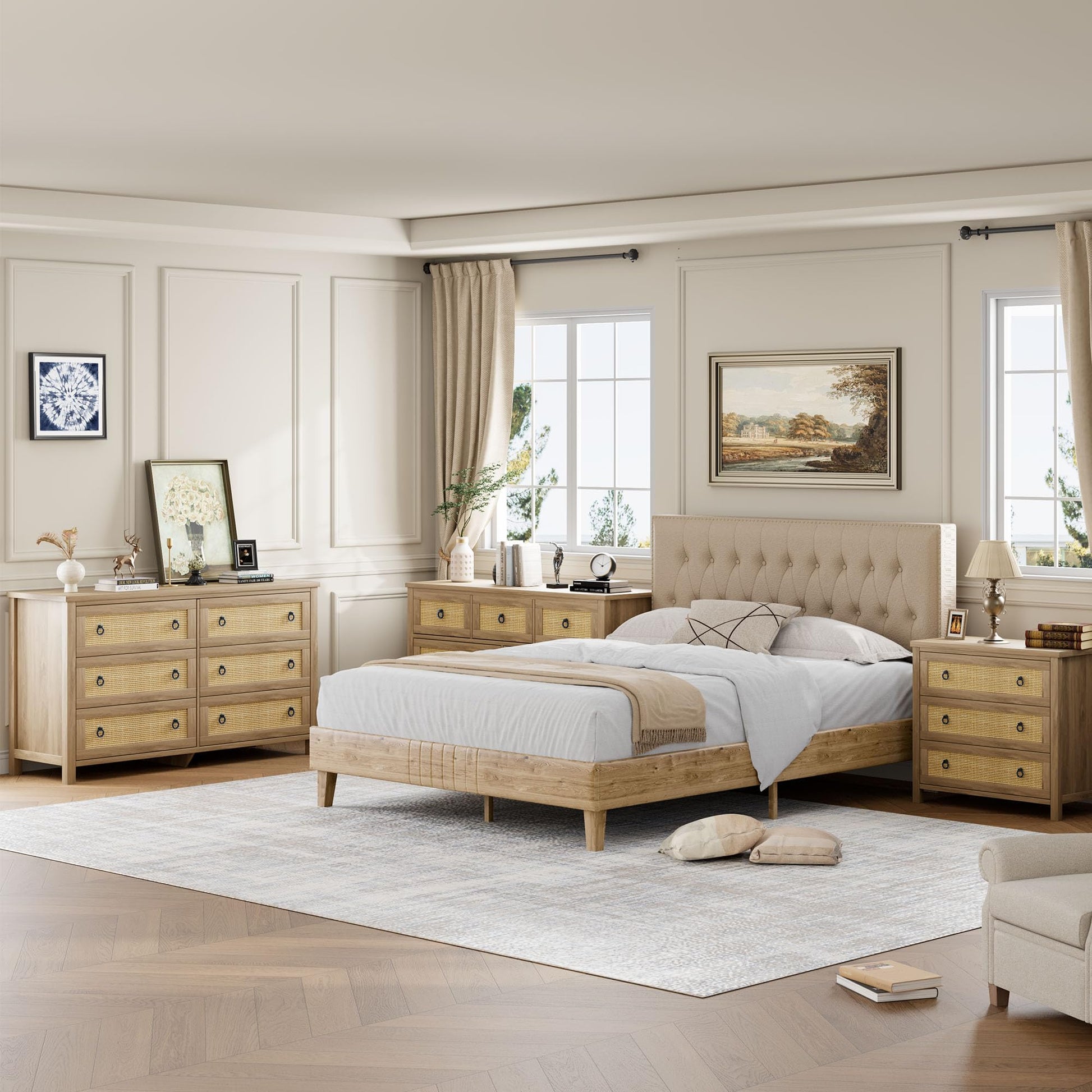 Commode en rotin Garvee 74 cm (29 po) - Bois - 3 tiroirs - Robuste - Grand espace de rangement - Salon - Chambre d'enfant