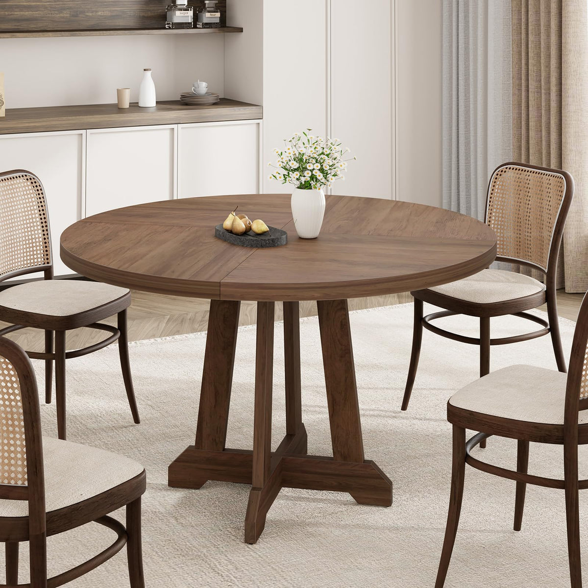 Garvee Table de salle à manger ronde pour 4 personnes, en bois, 119cm (119,4cm), piètement en croix robuste, pieds réglables, marron