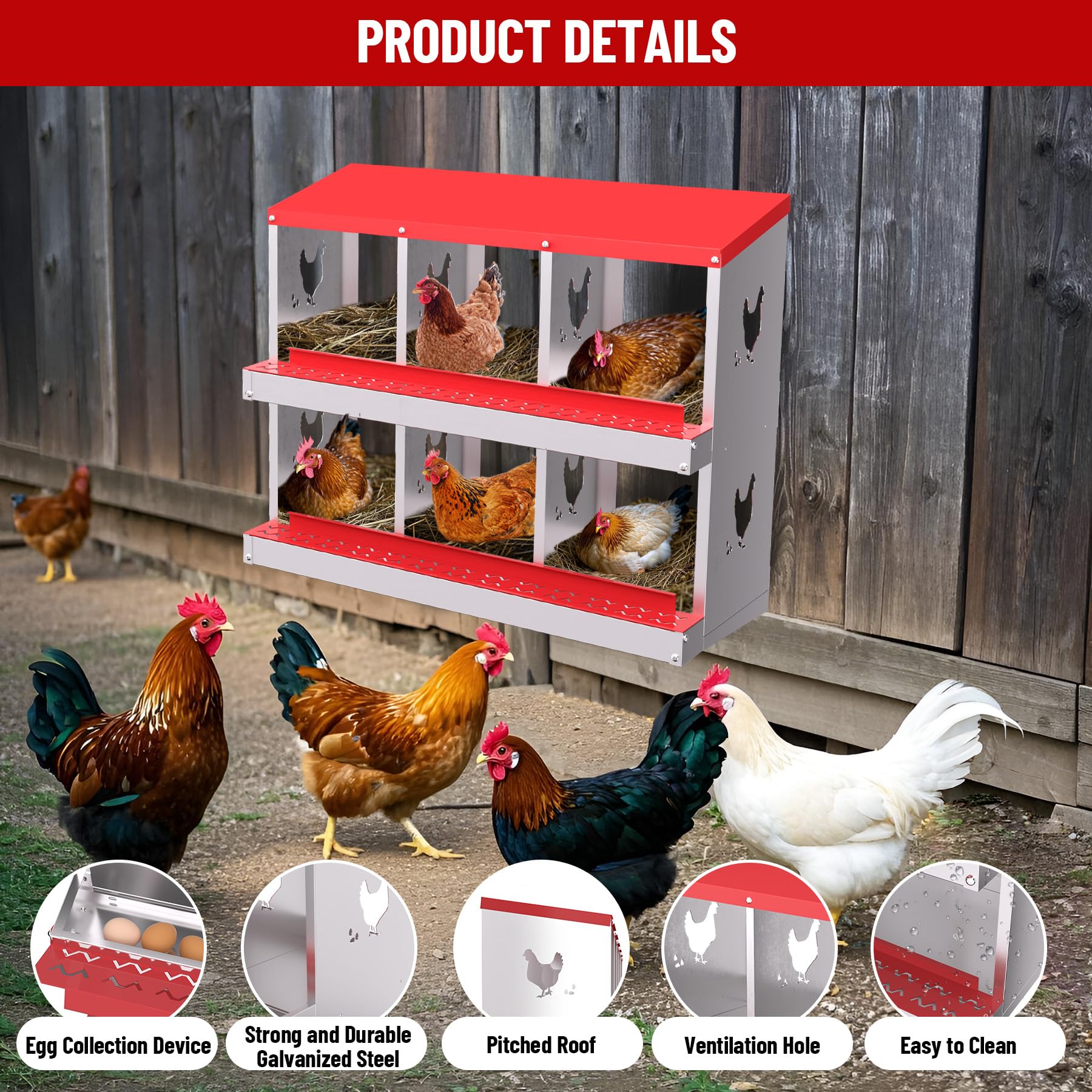 Garvee pondoir pour poules à 6 compartiments, acier galvanisé de 0,7 mm, conception ventilée, fixation murale, idéal pour poulaillers et élevages, rouge