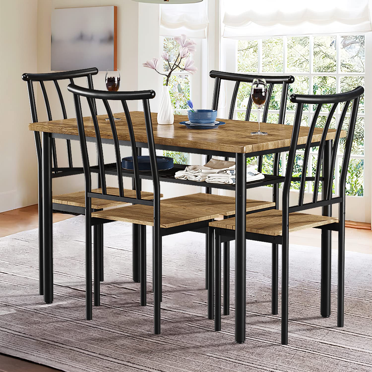 Garvee Ensemble table et chaises pour 4 personnes avec casier à vin, métal et bois, rectangulaire, brun rouille, gain de place pour les petites pièces et les appartements