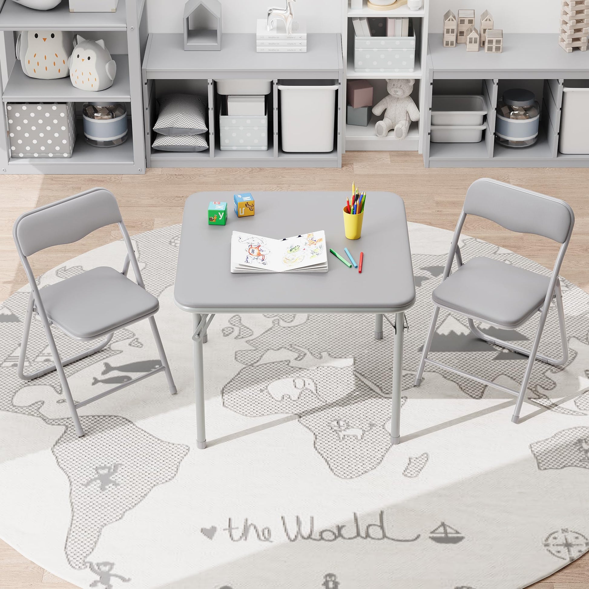 Ensemble table et chaises pliantes Garvee pour enfants, avec coussins d'assise en PU, structure robuste en acier, pliable, idéal pour manger, lire et jouer, compact, multicolore