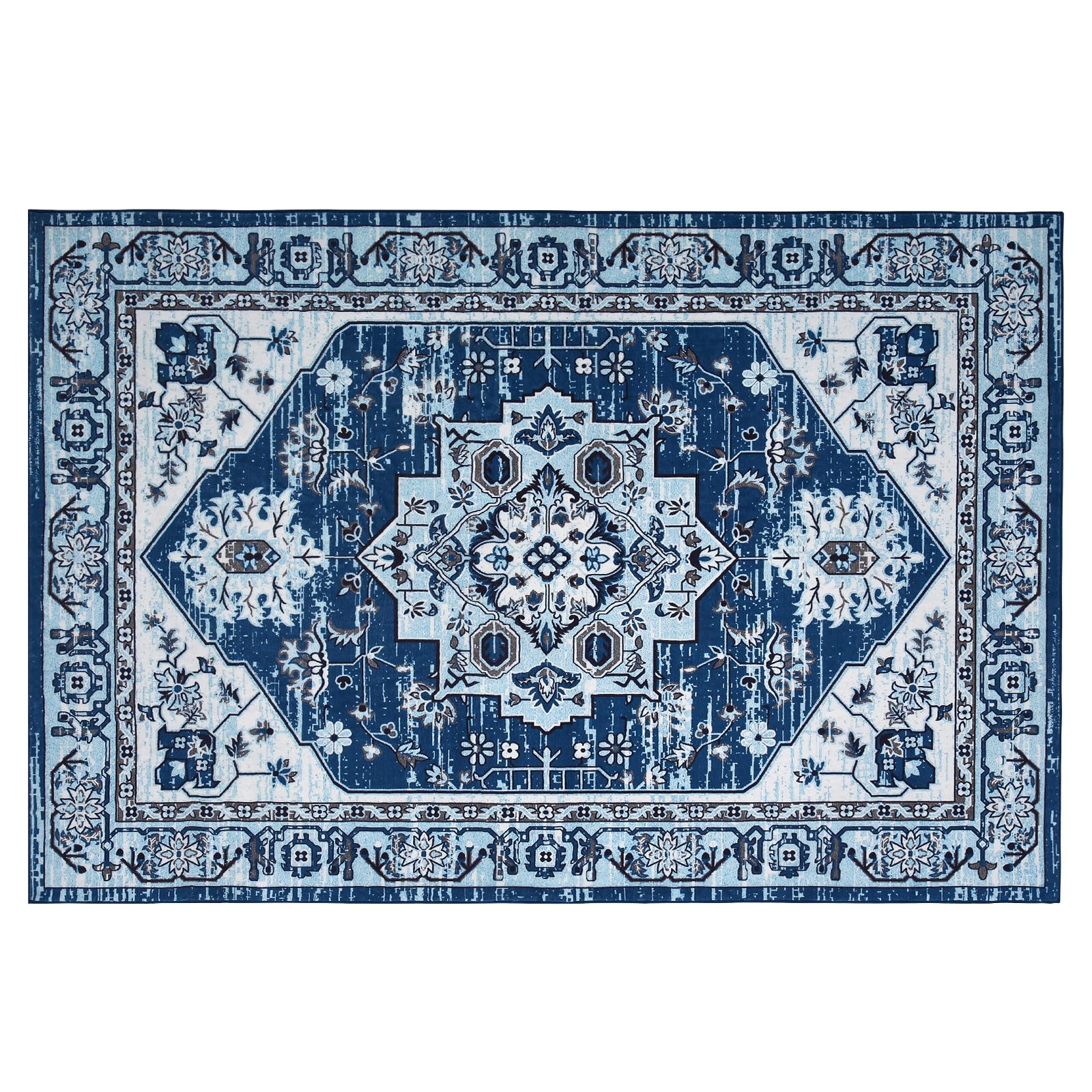 Tapis moderne à poils courts Garvee, antidérapant et lavable, en polyester, motif floral, bleu marine, 120 x 170 cm, pour salon et bureau.