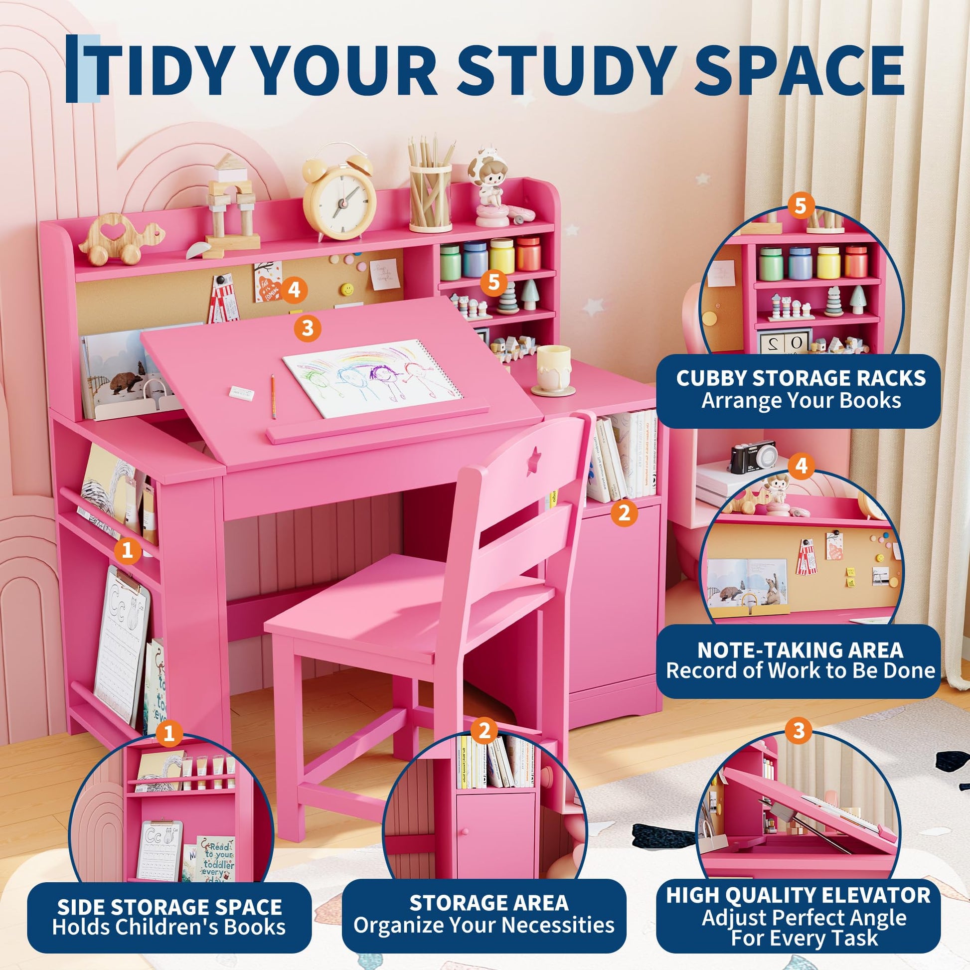 Garvee Bureau enfant ergonomique rose avec chaise, plateau inclinable et meuble de rangement, idéal pour étude, devoirs et activités créatives