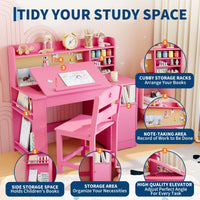 Garvee Bureau enfant ergonomique rose avec chaise, plateau inclinable et meuble de rangement, idéal pour étude, devoirs et activités créatives