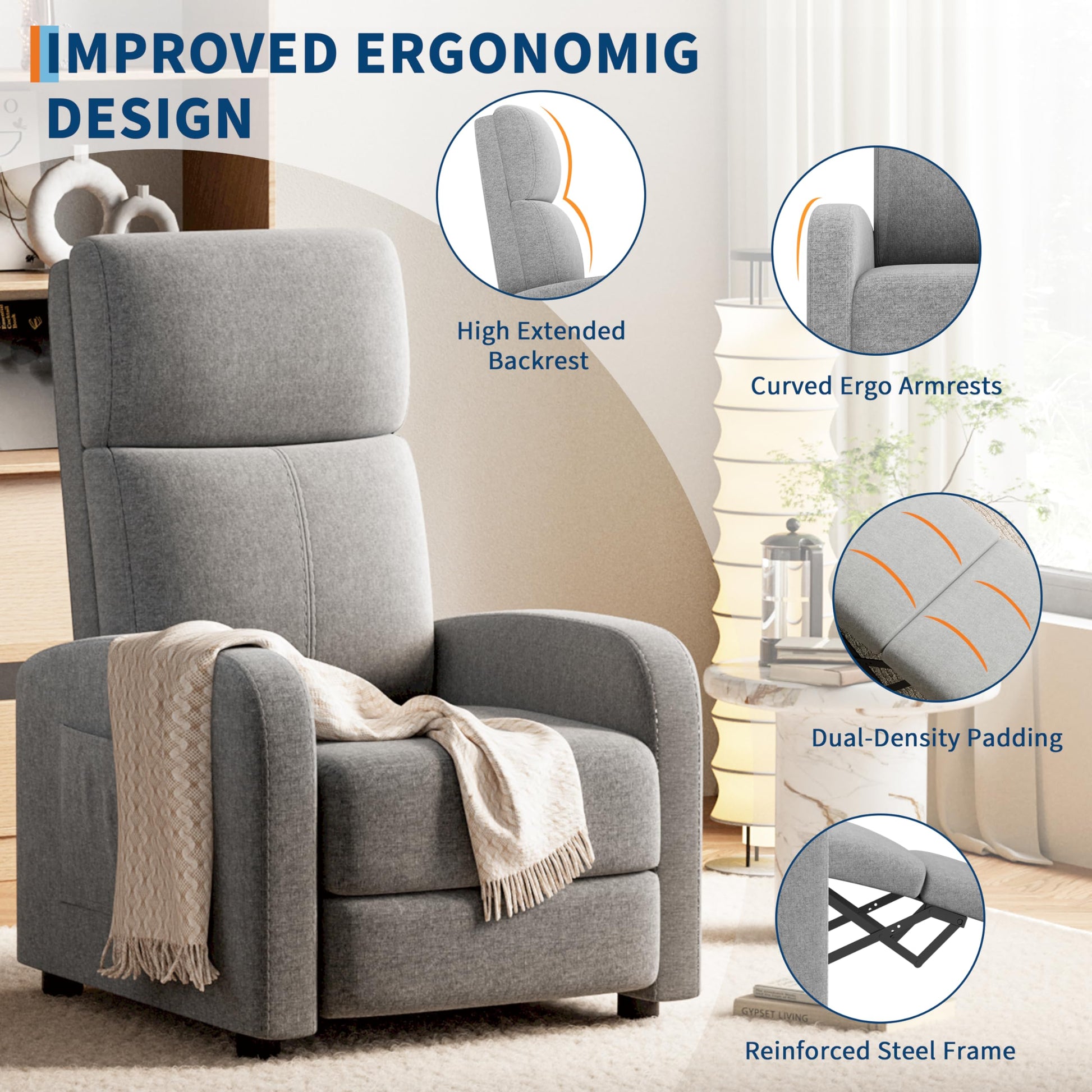 Fauteuil inclinable Garvee pour adultes, ergonomique et réglable, avec poche latérale, dossier haut, larges accoudoirs, assise rembourrée, idéal pour le salon ou la salle de cinéma maison.