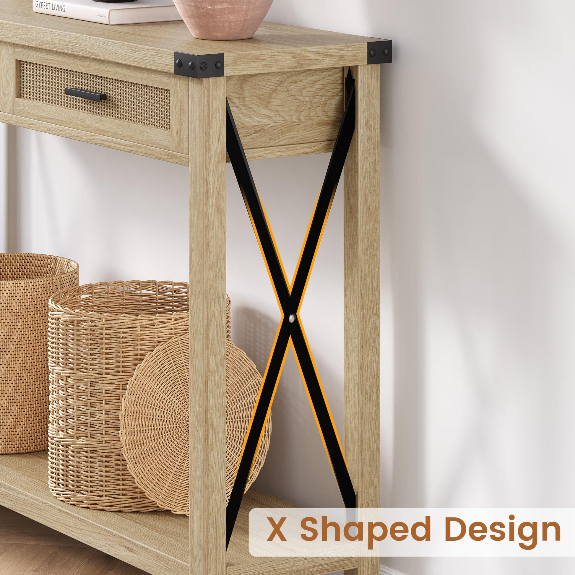 Console Garvee style ferme avec tiroirs en rotin, 109 cm, style rustique, idéale pour un couloir ou un salon.