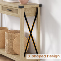 Console Garvee style ferme avec tiroirs en rotin, 109 cm, style rustique, idéale pour un couloir ou un salon.