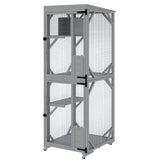 Garvee Maison Extérieure pour Chats avec 4 Roues, Cage accessible de plain-pied, Grande Catio Bois et Métal, Portes Multiples, Modulaire, Jardin - Grey