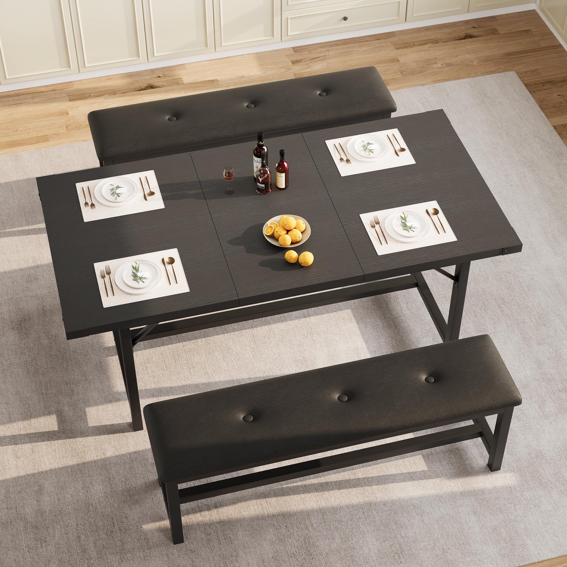 Ensemble table et chaises extensibles Garvee pour 4 à 6 personnes, 160 cm, bois, noir rétro, gain de place, stable, facile à assembler
