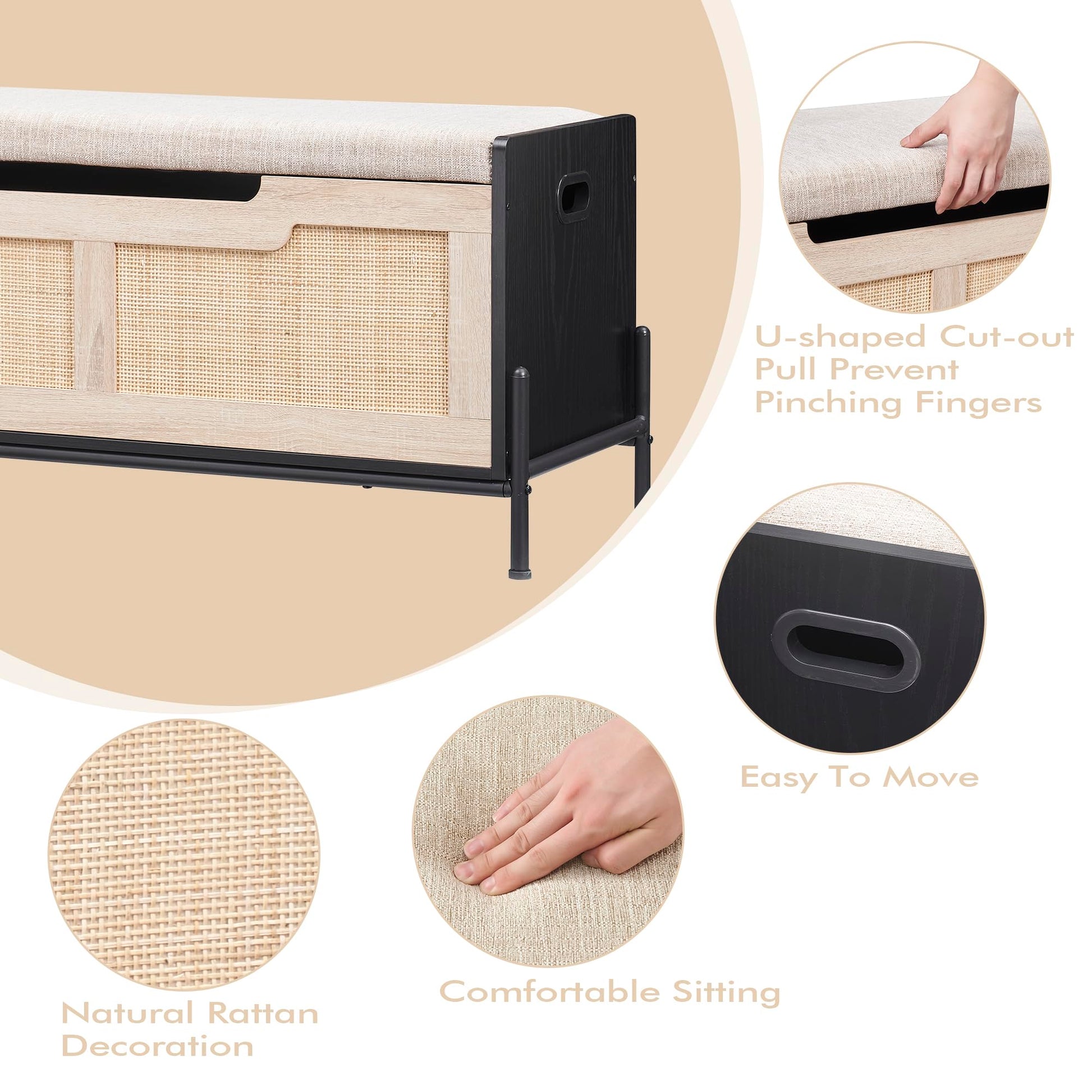 Banc de rangement en rotin Garvee 39,4 po avec coussin d'assise, 2 charnières de sécurité, coffre de rangement, banc à chaussures, chêne et noir pour salon et couloir