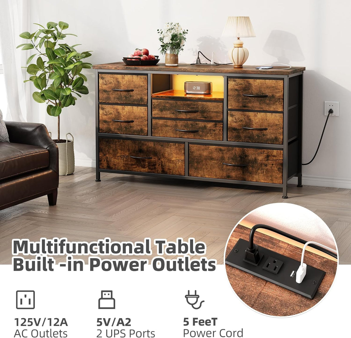 Garvee commode à 8 tiroirs, avec prise et éclairage LED, meuble multifonctionnel pour la chambre et le salon, buffet robuste et durable, 120 × 36 × 75 cm