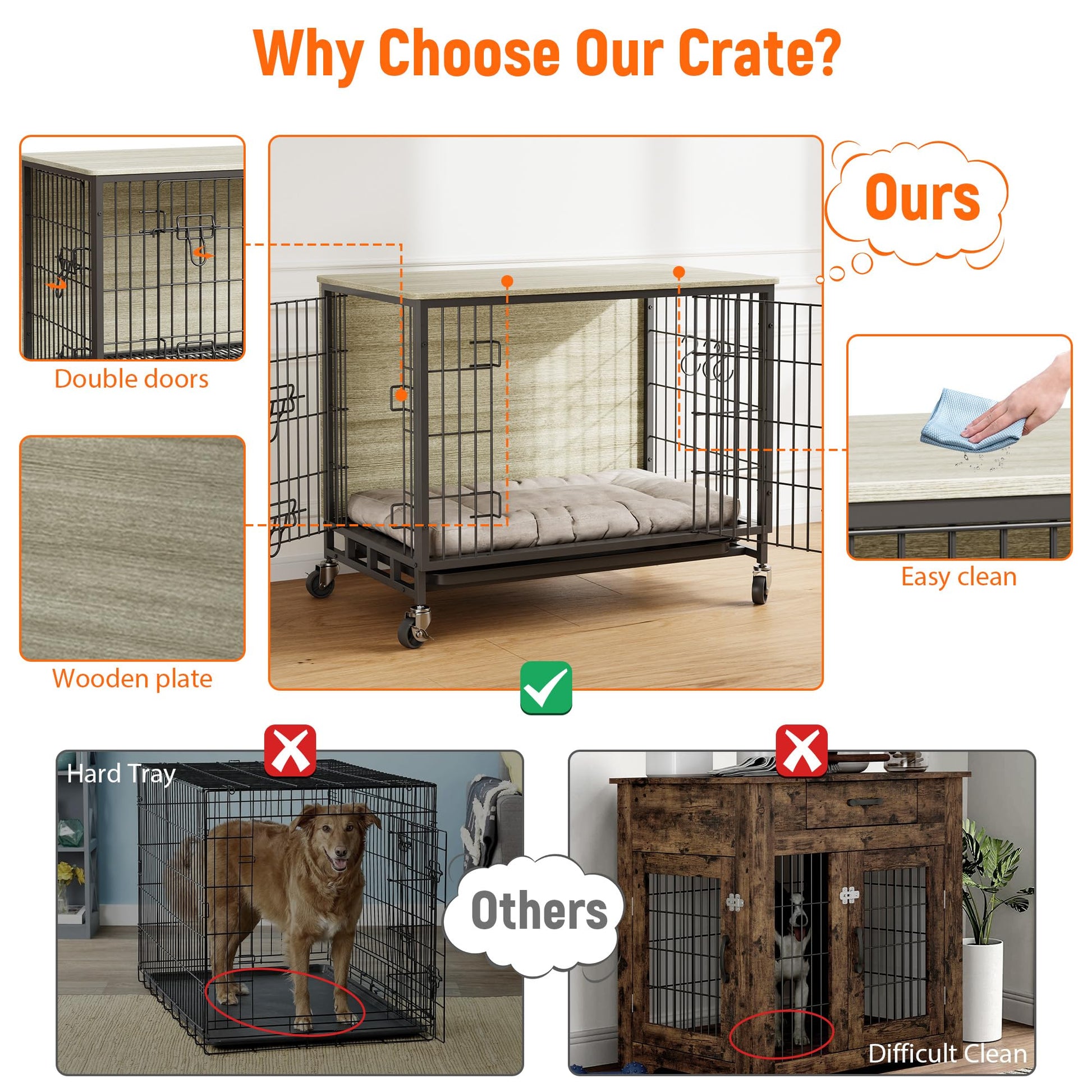 Cage pour chien Garvee 69 cm en bois avec roulettes et double porte, pour chiens de petite et moyenne taille, intérieur gris rustique
