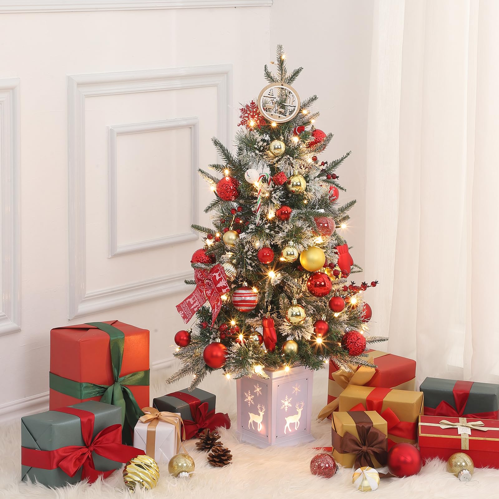 Sapin de Noël artificiel Garvee, 1 pièce – 90 cm, 78 LED (blanc chaud), 8 modes d'éclairage, pied en X, fibre optique, effet givré