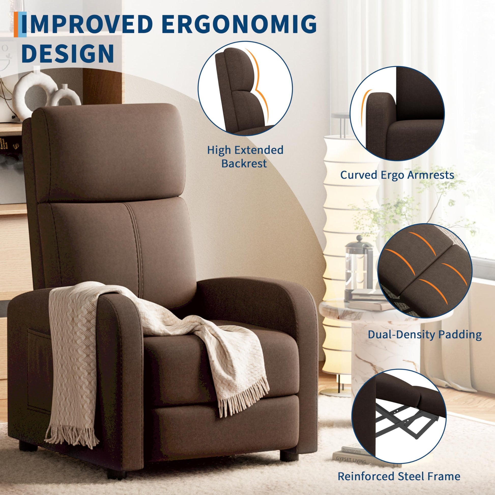 Fauteuil inclinable Garvee pour adultes, ergonomique et réglable, avec poche latérale, canapé de salon/home cinéma, dossier haut et assise rembourrée.