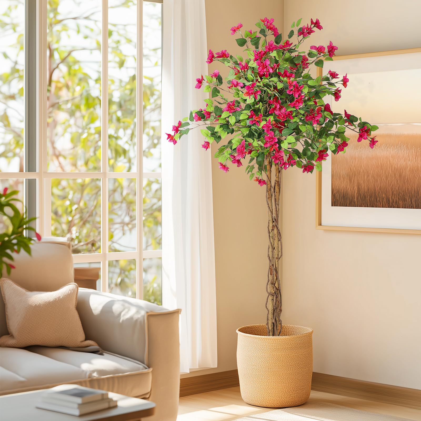 Bougainvillier artificiel Garvee de 1,8 m avec tronc en bois, fleurs roses, résistant aux intempéries pour une utilisation intérieure et extérieure, pot en ciment inclus, facile d'entretien.