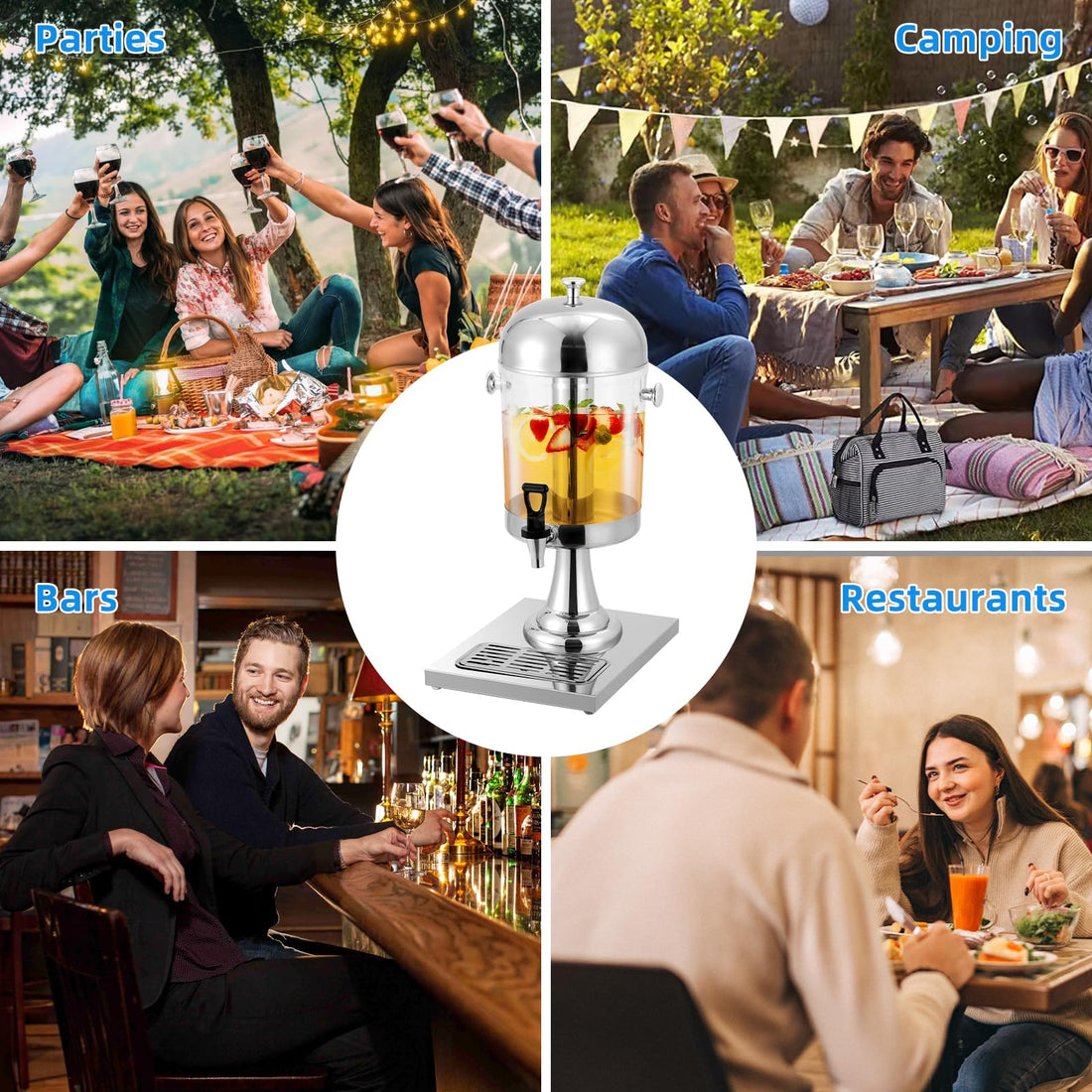 Garvee Distributeur de Boissons 8,3 L avec Bac à Glaçons, Support en Acier Inoxydable, Robinet et Bac d’Égouttement, Argenté, pour Fêtes et Mariages