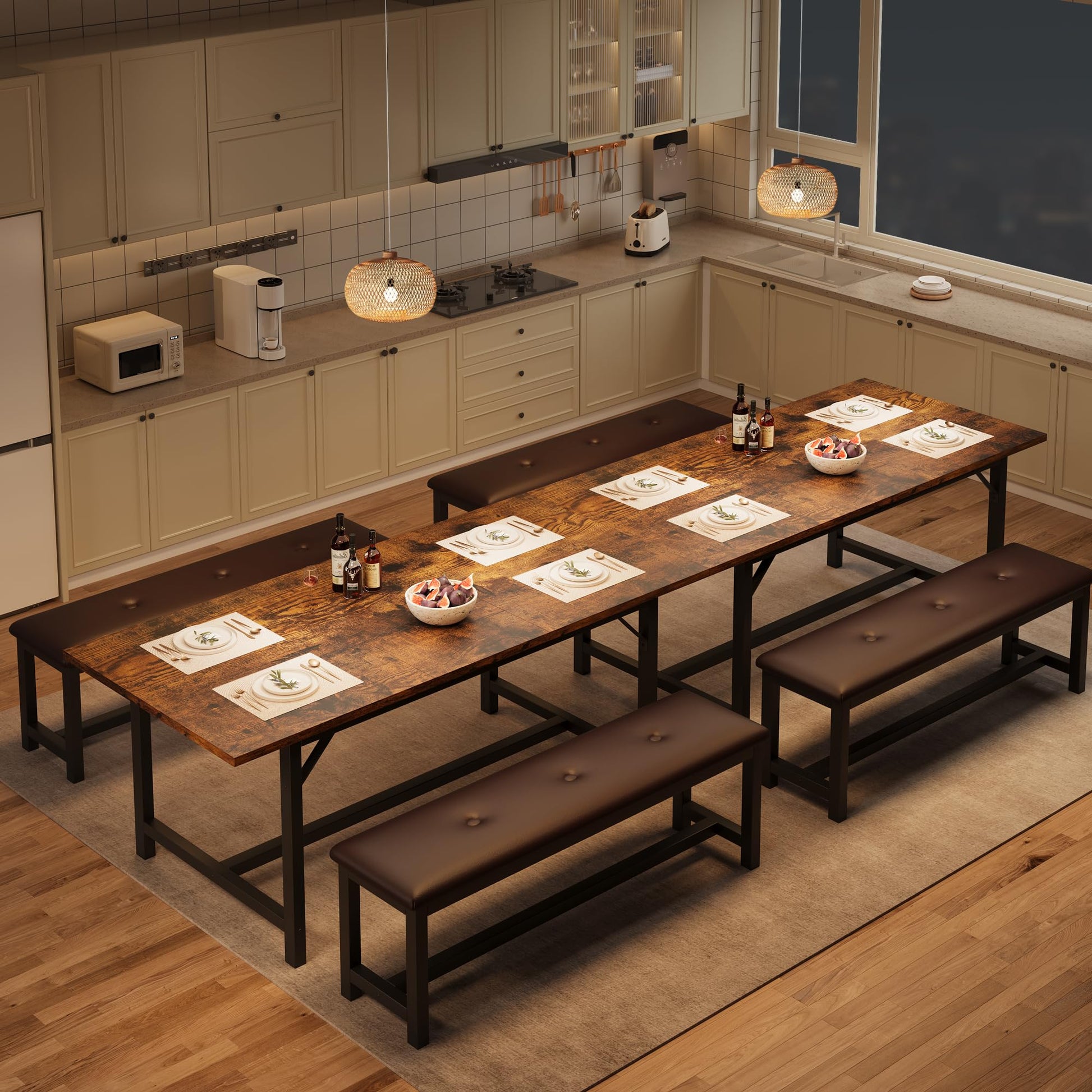 Ensemble table et chaises extensibles Garvee pour 4 à 6 personnes avec protections d'angle et banquettes rembourrées, structure en MDF, piètement en H robuste, gain de place, idéal pour les petites pièces, noir
