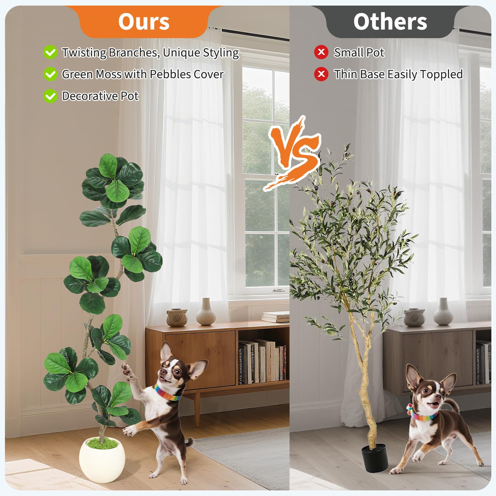 Garvee Ficus lyrata artificiel 183 cm en forme de S, pot blanc, feuilles en soie réalistes et branches ajustables, vert