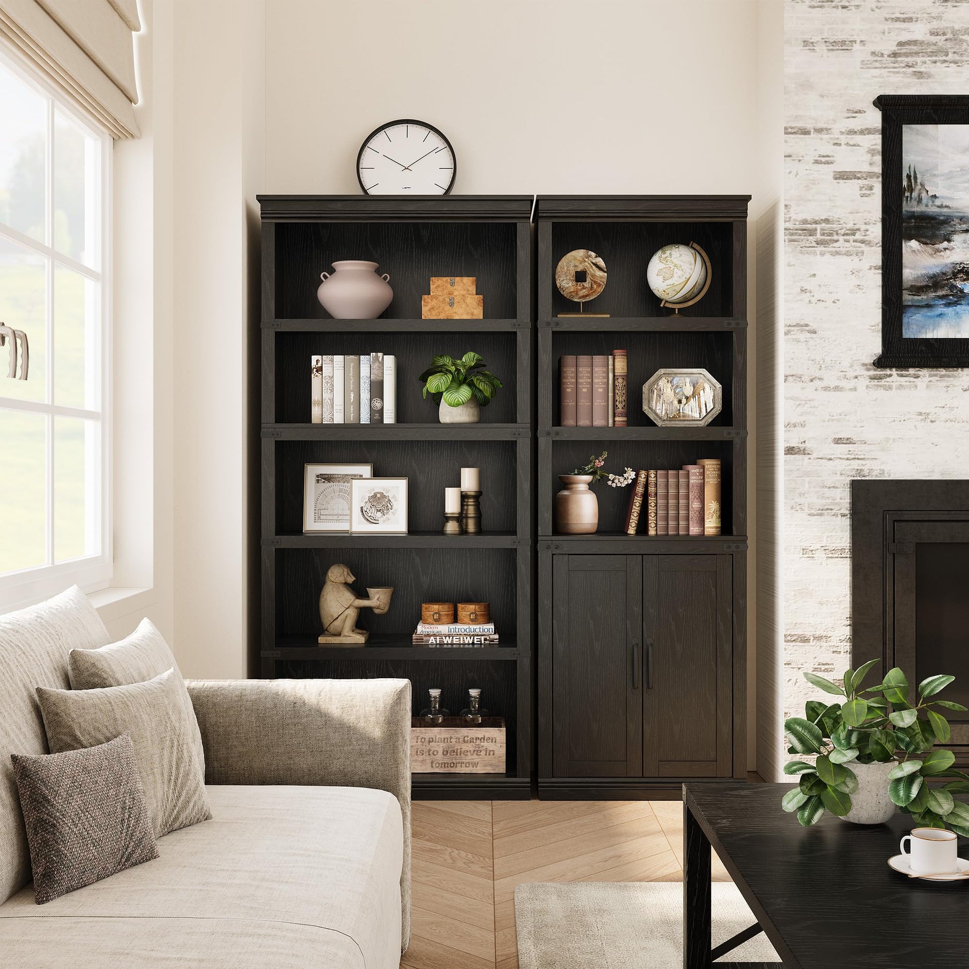 Garvee bibliothèque de style campagne avec portes, 5 niveaux, grand espace de rangement, MDF, salon, bureau, 31 cm (P) × 62 cm (L) × 175 cm (H)
