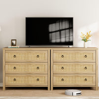 Commode en rotin Garvee 74 cm (29 po) - Bois - 3 tiroirs - Robuste - Grand espace de rangement - Salon - Chambre d'enfant