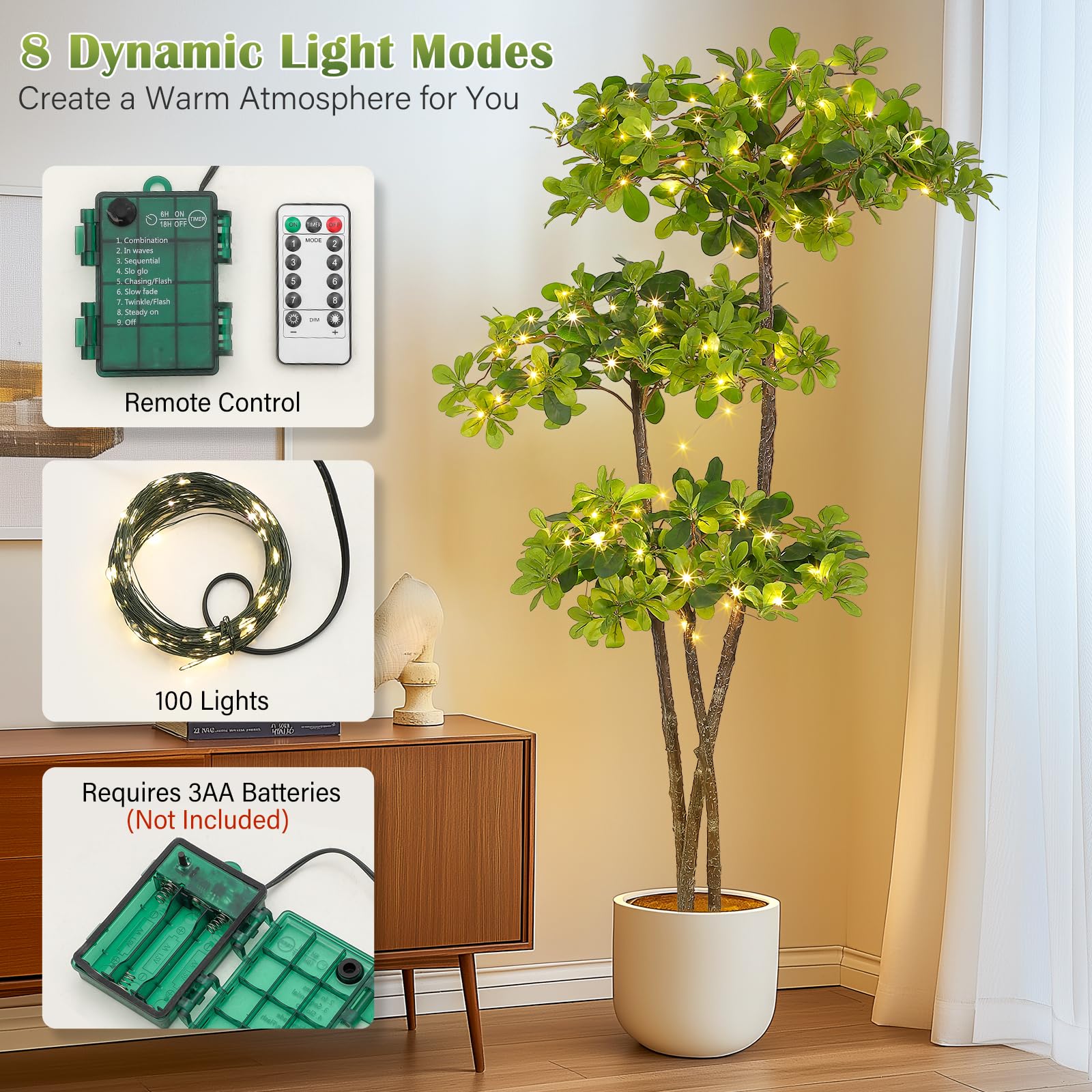 Garvee Olivier artificiel 183 cm avec 100 LED décoratives, minuterie intégrée et pot stable, décoration intérieure, vert
