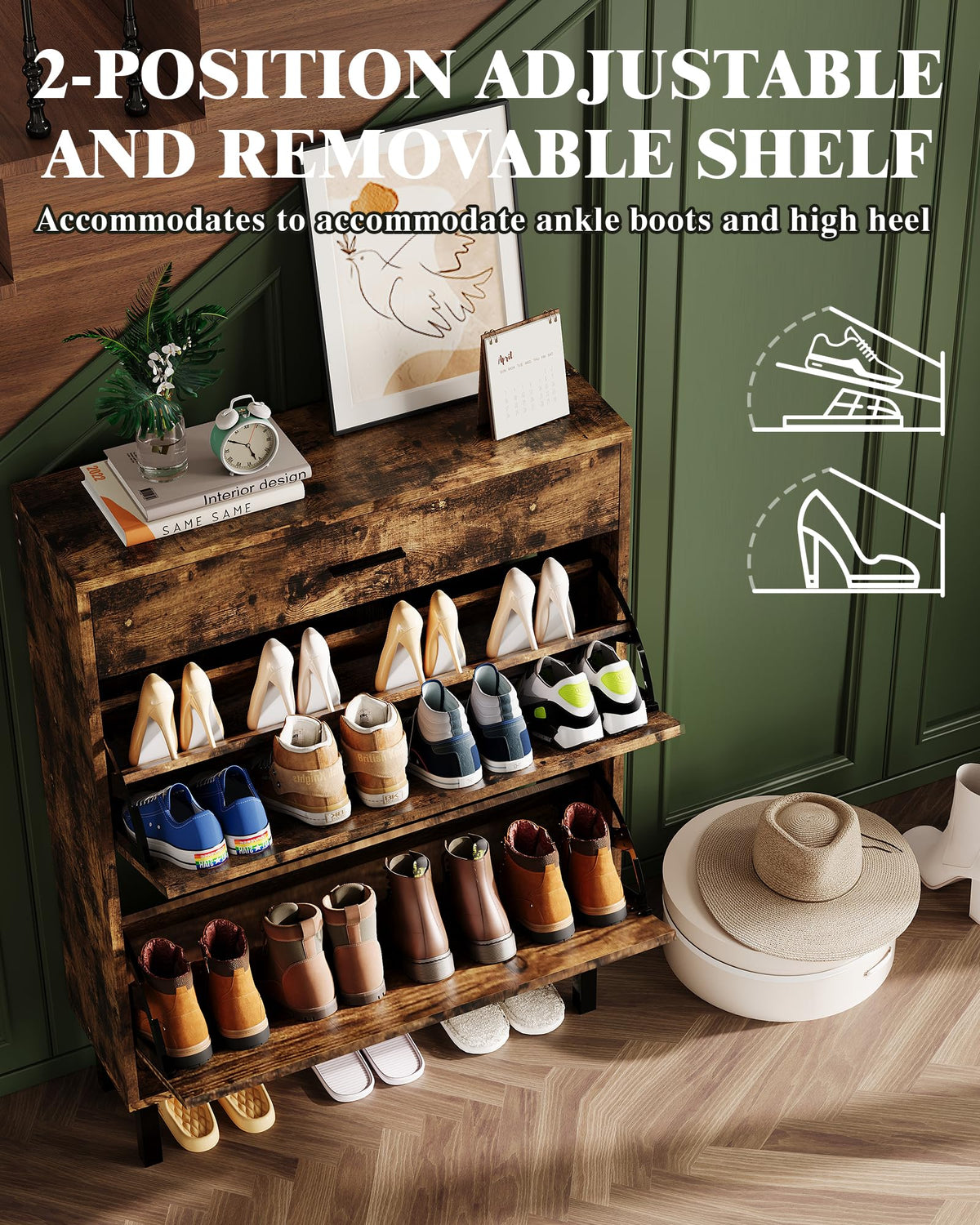 Meuble à chaussures étroit en bois Garvee avec 3 tiroirs, anti-basculement, pour entrée et couloir, multicolore
