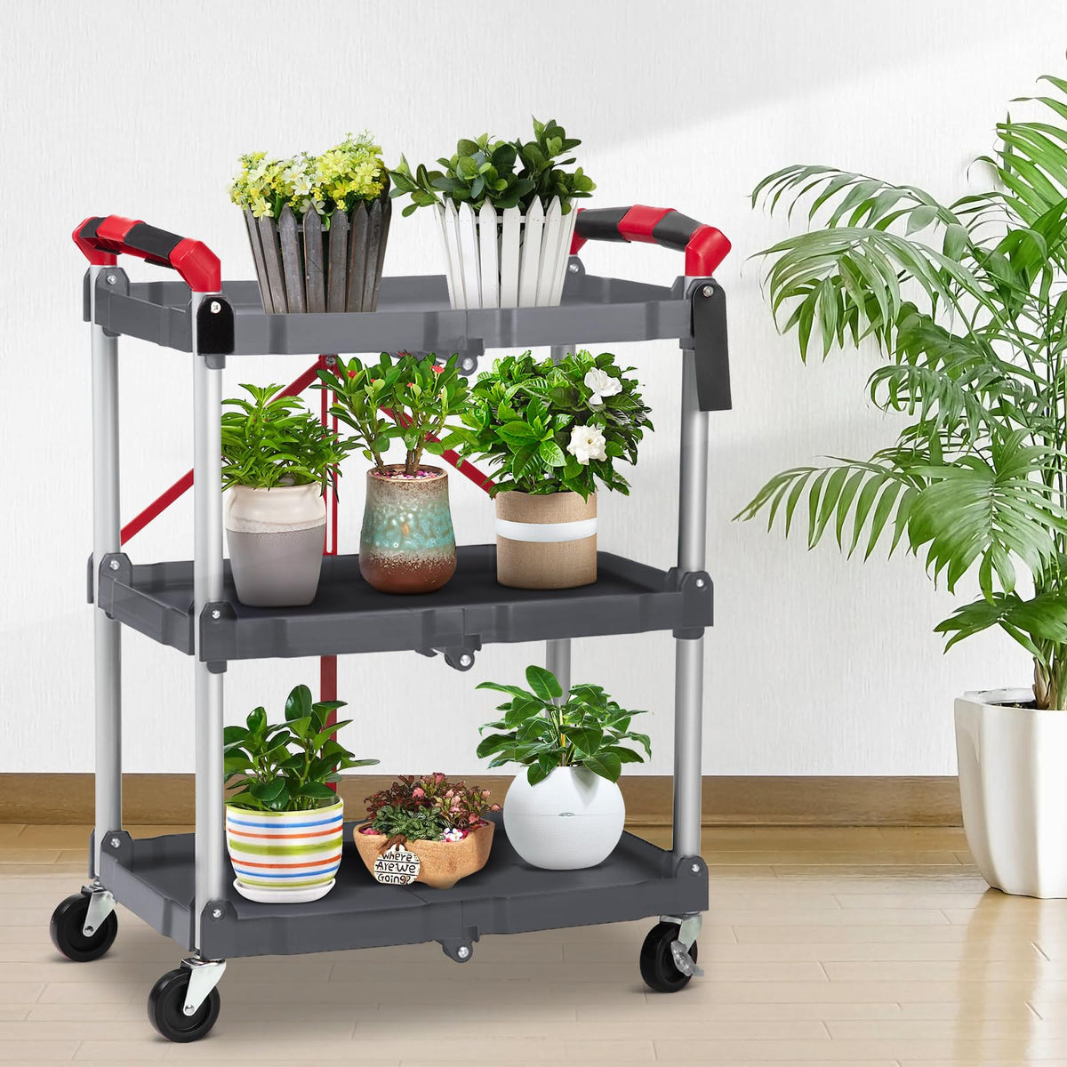 Garvee Chariot de service pliable à 3 niveaux - structure légère en aluminium, capacité de charge de 25 kg, gris