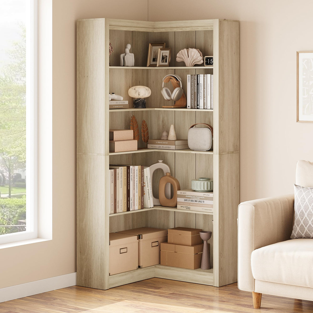Garvee Bibliothèque d’Angle 182 cm Style Ferme, 5 Niveaux, Grand Rangement en L, Étagère Robuste en Bois pour Salon, Chambre et Bureau à Domicile