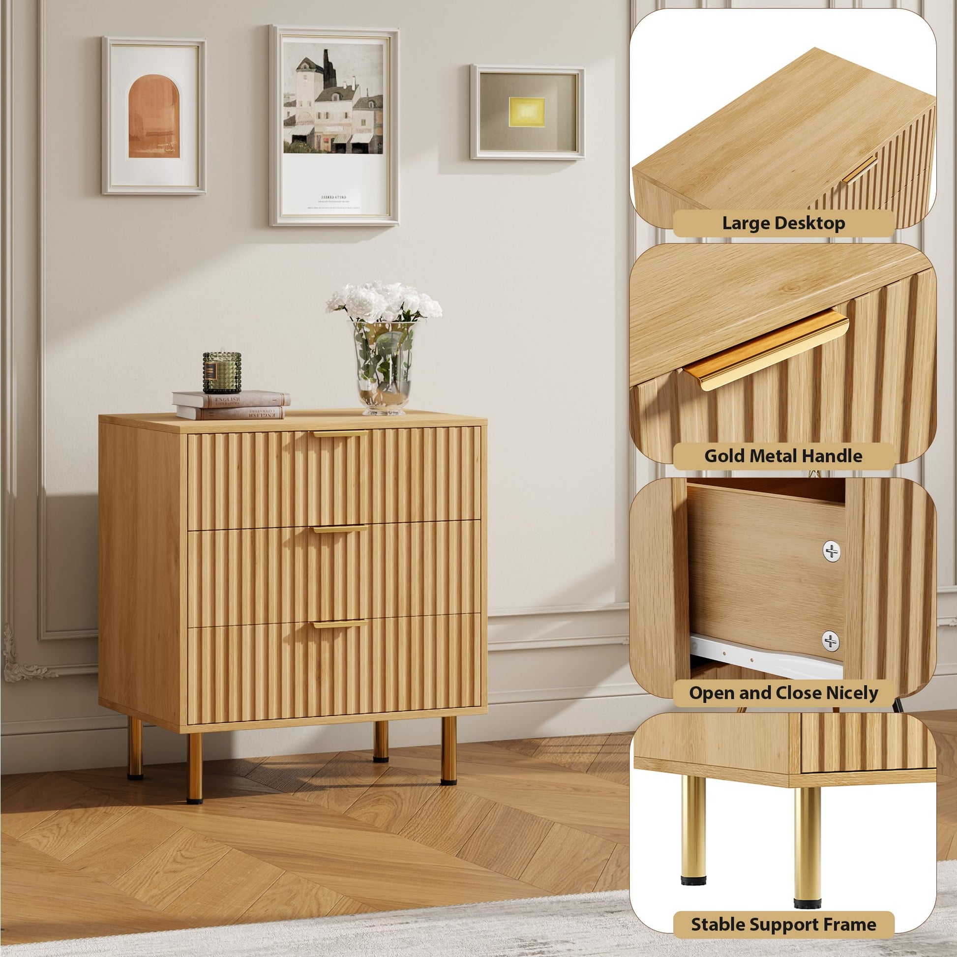 Meuble TV Garvee pour chambre, style moderne cannelé, 3 tiroirs profonds, écologique, imperméable, rangement polyvalent, noir