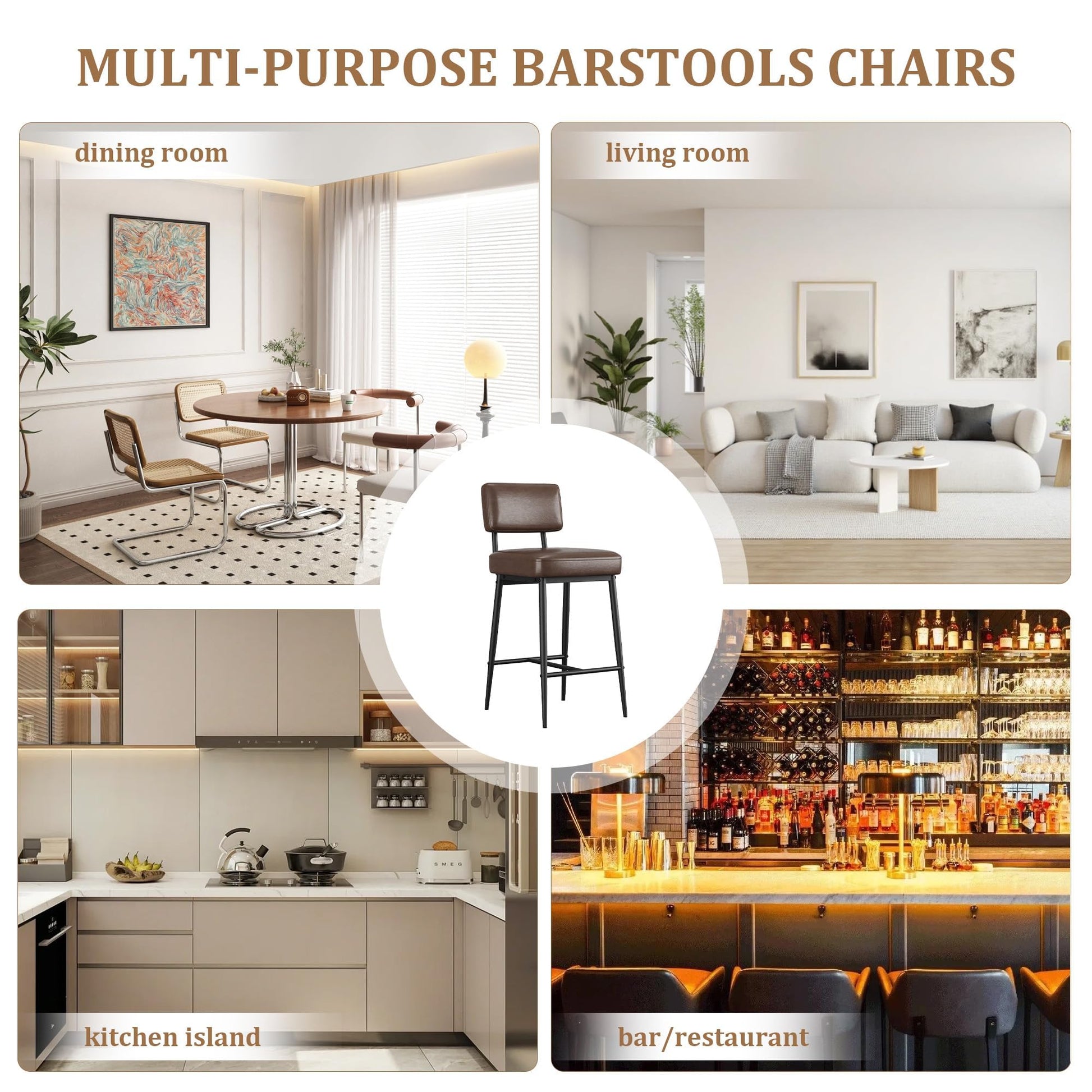 Ensemble de 2 tabourets de bar Garvee, 66 cm (26 po), similicuir, dossier ergonomique, pieds en métal, assise rembourrée, repose-pieds en forme de H, marron, pour îlot de cuisine et bar