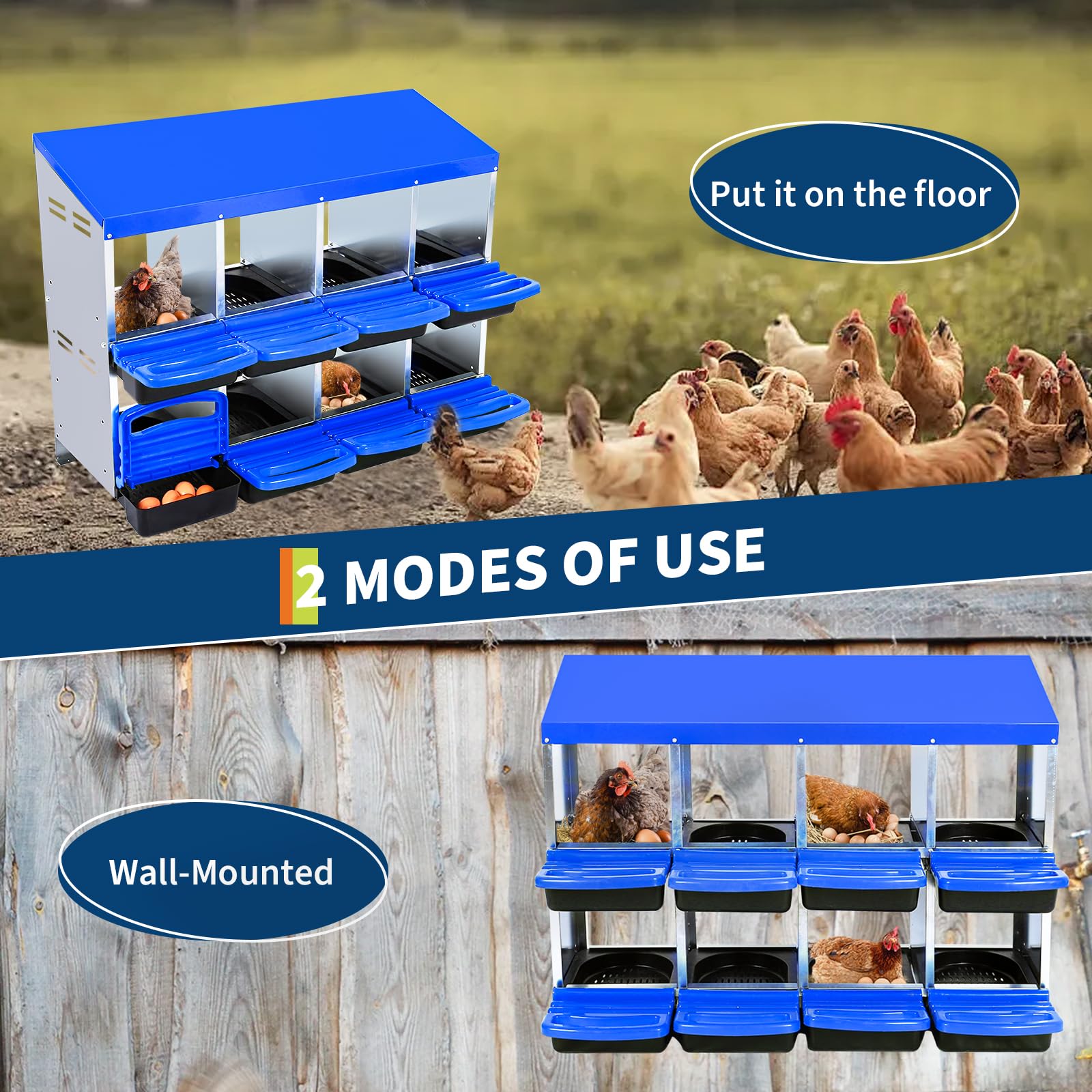 Garvee Pondoir pour Poules 2 Niveaux 8 Compartiments, Acier Galvanisé et PP, Poignées, Toit Imperméable, Ventilation Supérieure, Bleu