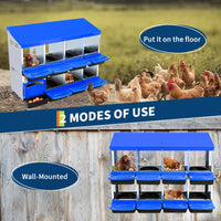 Garvee Pondoir pour Poules 2 Niveaux 8 Compartiments, Acier Galvanisé et PP, Poignées, Toit Imperméable, Ventilation Supérieure, Bleu