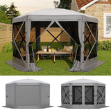 Garvee Tente Canopée Pop-Up Hexagonale 396 x 396 cm Avec 6 Panneaux Vent, Structure Acier Renforcée, Toit Amovible Pour Camping Et Fêtes Extérieures - Gris