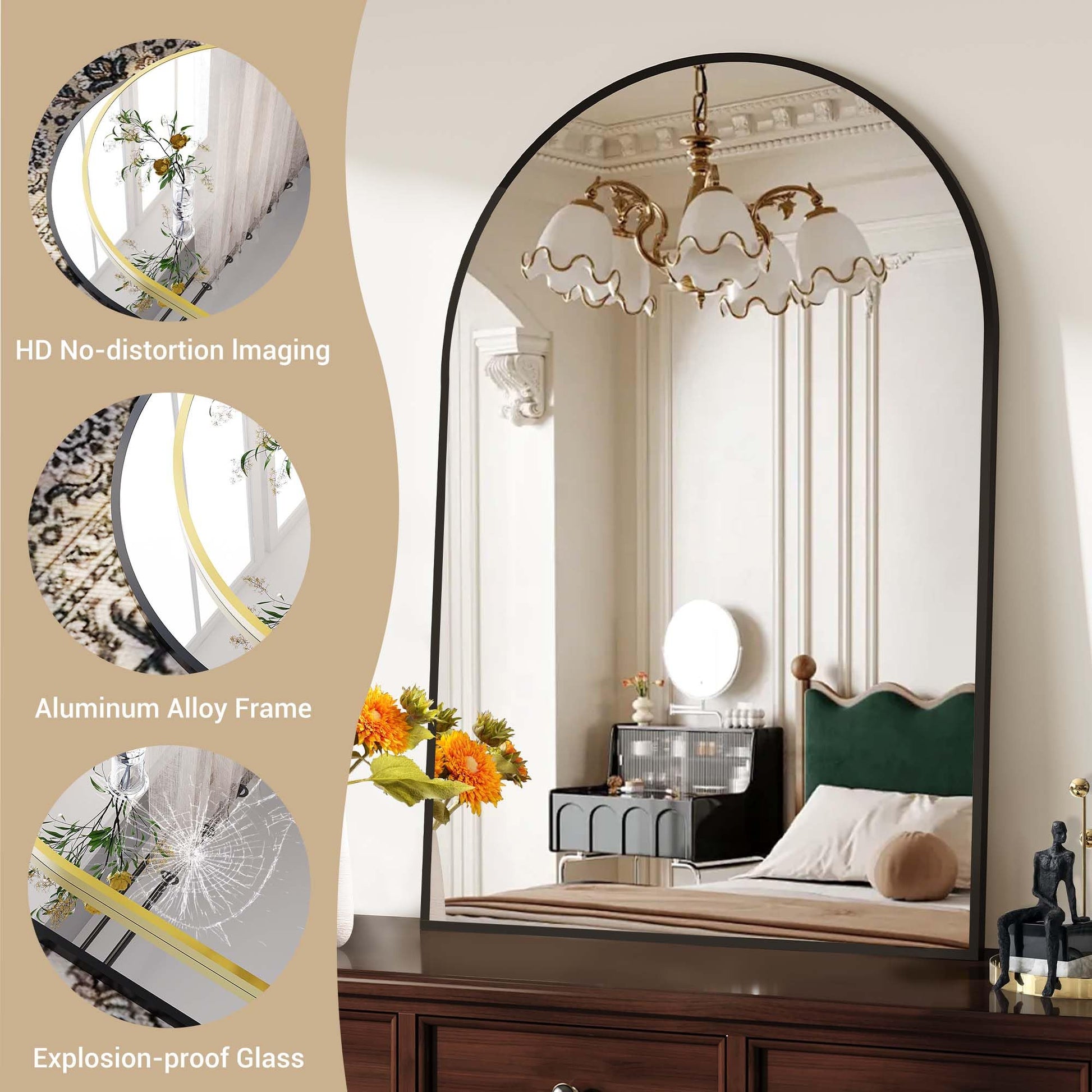 Miroir de salle de bain arqué Garvee 24" x 36", cadre en alliage d'aluminium noir, lentille anti-explosion, fixation murale facile à installer