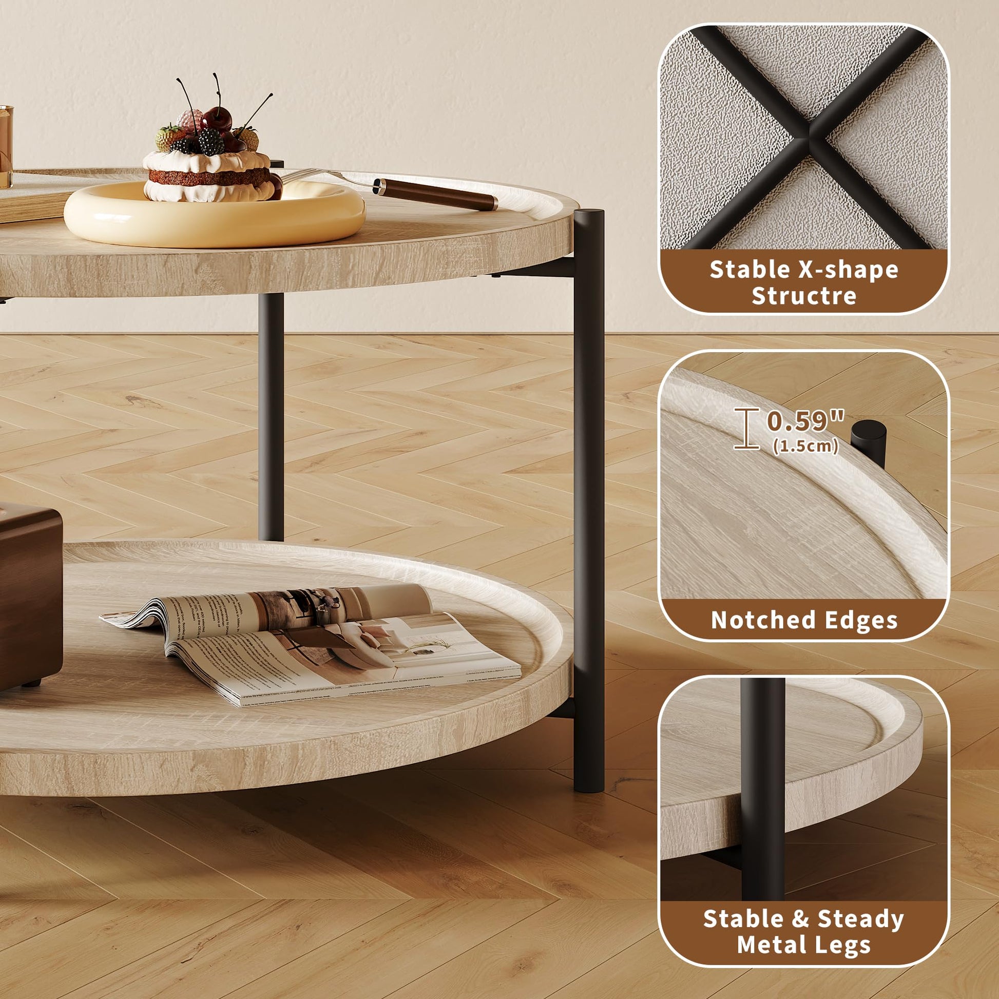 Table basse ronde Garvee, en bois et métal, avec 2 étagères de rangement, idéale pour les salons et les petits espaces. Compacte, style vintage, marron.