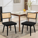 Ensemble de 2 chaises de salle à manger Garvee en rotin naturel, assise en velours et pieds en bois massif, style bohème noir, pour la cuisine et la salle à manger. - vert