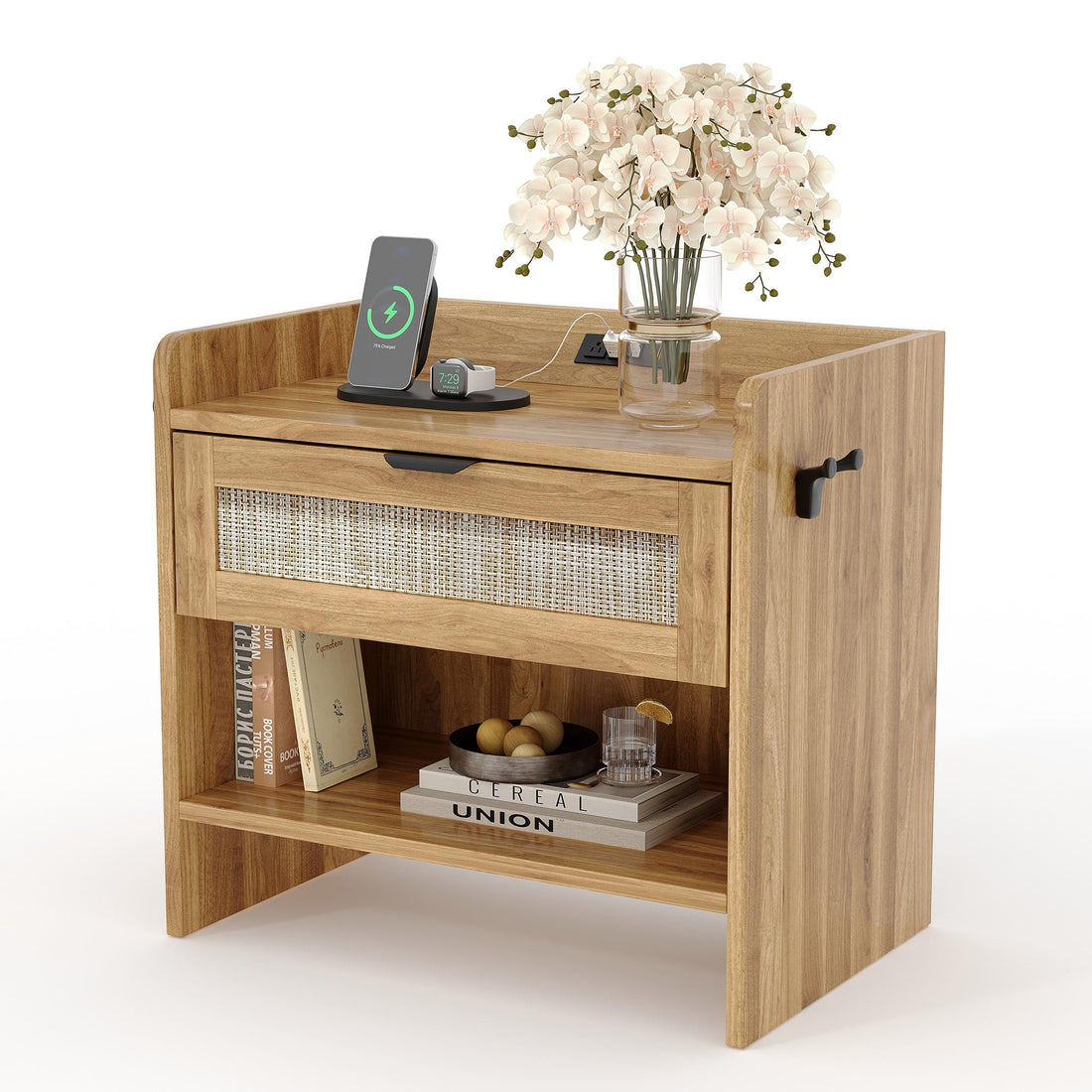 Table de chevet Garvee en rotin avec chargeur USB-C, 1 tiroir, compartiment ouvert, idéale pour la chambre et le bureau, en bois robuste, 60 x 39 x 56 cm, marron
